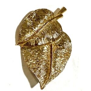 Gold Leaf Brooch Pin Textured Double Leaf Vintage Style Statement‎ Jewelry